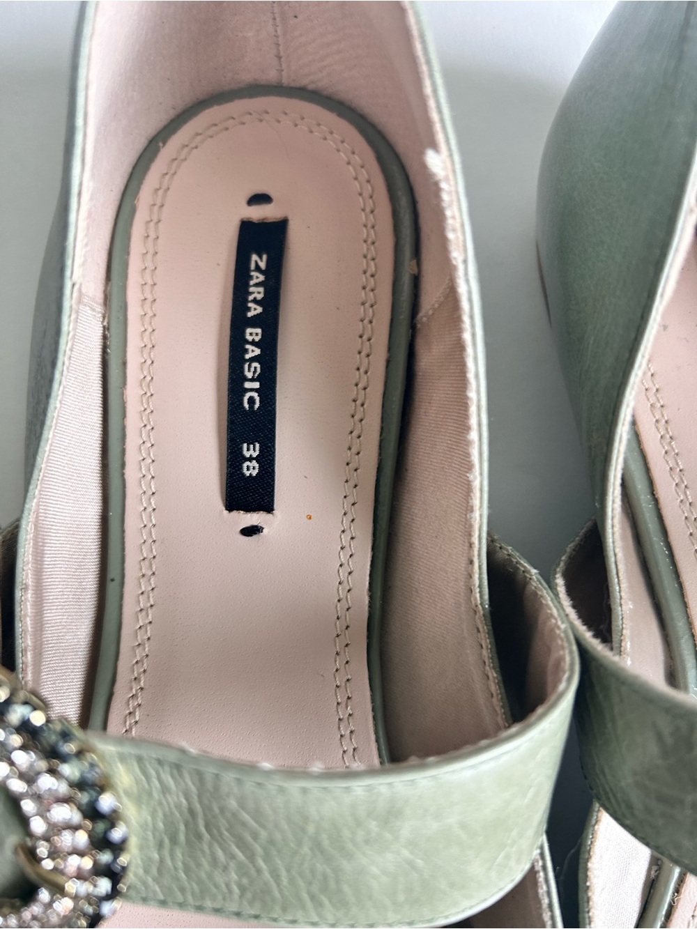 Zara Basic Green Leather Mary Jane Point Toe Glitter Buckle Flats size 7.5 - Picture 8 of 16